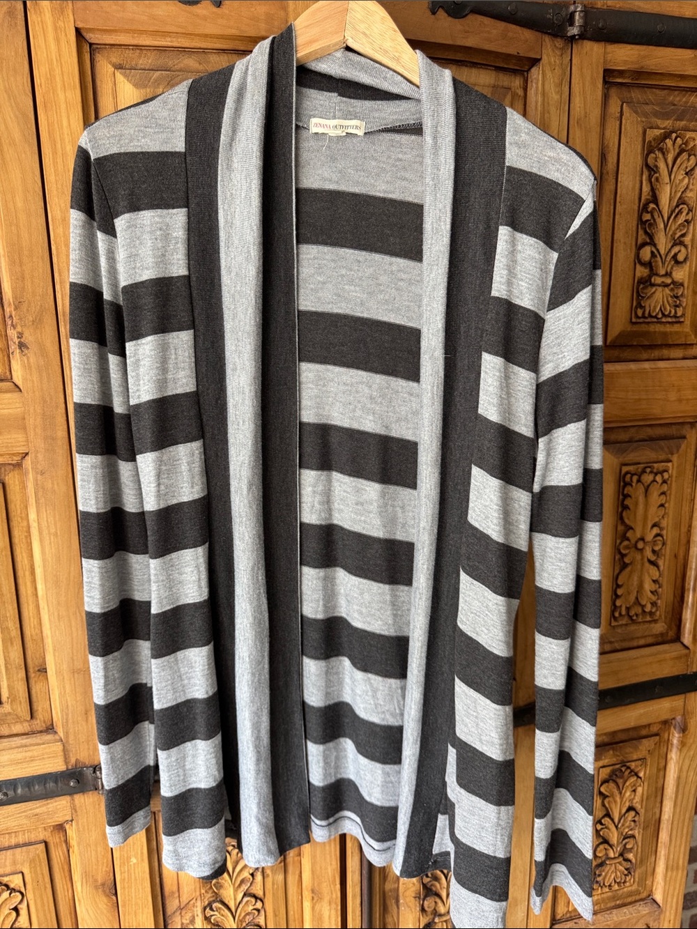 Zenana Outfitters Gray and Charcoal Striped Open-Front Cardigan